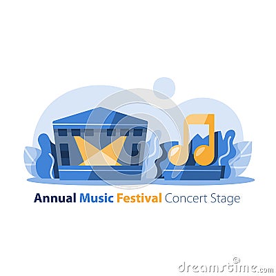 Music festival, outdoor concert stage with gabled roof, entertainment performance, festive event arrangement Vector Illustration