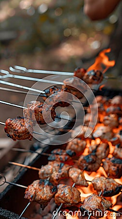 Outdoor cooking Guy barbecuing shish kebab on hot grill Stock Photo