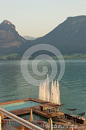 Outdoor courtyard of resort on the shore of Lake St. Wolfgang, Austria Editorial Stock Photo