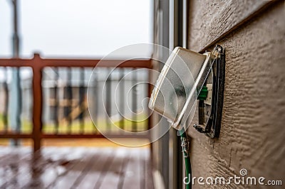 Outdoor covered GCFI outlet with power cord in use Stock Photo