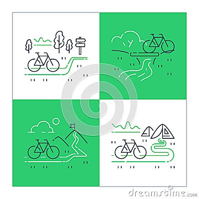 Outdoor cycling and camping concept, riding bicycle trip, nature tourism, summer tour, forest and mountain trail Vector Illustration