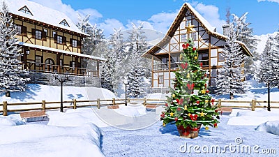 Christmas tree on snowbound alpine township square Cartoon Illustration