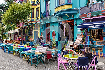 Outdoor dinning tables on the street in Istanbul, Turkey Editorial Stock Photo