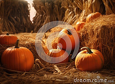 An outdoor display of a crop of large pumpkins on top of hay bales ready for the fall season and its holidays. Stock Photo