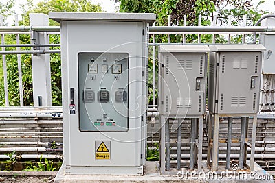 Outdoor electric control box. Circuit controller box. Electric control box with push buttons and switches. Main Power Supply Panel Stock Photo