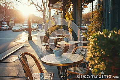 Outdoor empty restaurant terrace with tables and chairs. Cafe with tables outside. Generative AI Cartoon Illustration