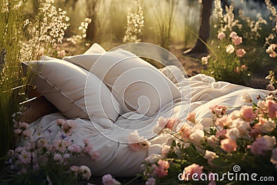 Outdoor escape bed in nature, relaxation with flowers, pillow coverlet Stock Photo