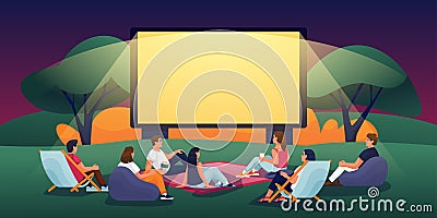 Outdoor evening cinema in summer park. Vector flat cartoon illustration. People watching movie in open-air cinema Vector Illustration