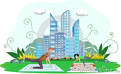 Outdoor exercise concept. Woman and man friends exercising training outdoors. Healthy lifestyle Vector Illustration