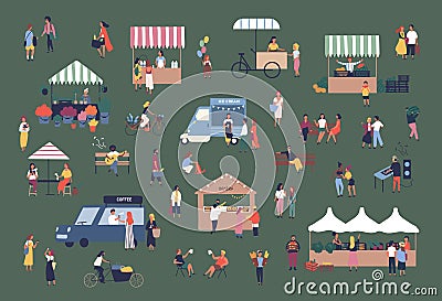 Outdoor fair, market or street food festival. Men and women walking between stalls, kiosks and vans, buying products Vector Illustration