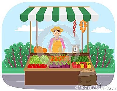 Outdoor farm products store. Woman sells natural vegetables grown in garden. Selling food in bazaar Vector Illustration