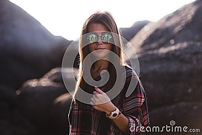 Outdoor fashion image of stylish young lady,fashionable.Lifestyle portrait of stunning hipster girl, wearing elegant Stock Photo