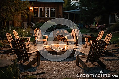 Outdoor fire pit in the backyard with lawn chairs seating on a late summer night created by generative AI Stock Photo