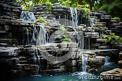 Outdoor fountain waterfall stone. Generate Ai Stock Photo