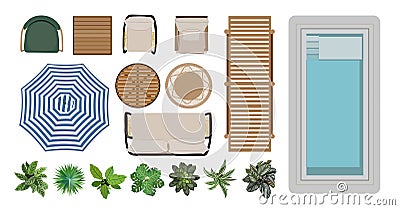 Outdoor furniture top view icons vector set. Vector Illustration
