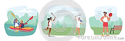 Outdoor Games Set. Young Healthy People Summertime Recreation, Kayaking, Badminton and Frisbee Sports Activity, Fun Vector Illustration