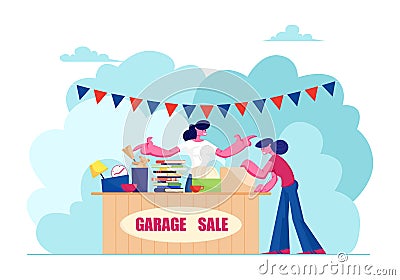Outdoor Garage Sale with Housewares, Clothing, Books and Toys. Woman Offer Junk Goods, Odd Rummage Objects and Different Things Vector Illustration
