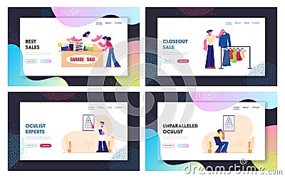 Outdoor Garage Sale and Oculist Test Website Landing Page Set. Ophthalmologist Doctor Check Patient Eyesight Vector Illustration