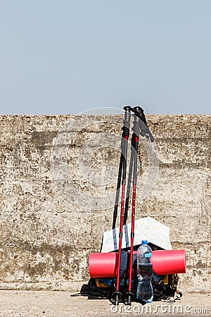 Outdoor gear left outside. Stock Photo