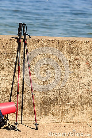 Outdoor gear left outside. Stock Photo