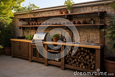 Outdoor grill or barbecue room of Pirate Style Trellis with Vines. AI Generated Stock Photo
