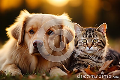 In outdoor harmony, cat and dog solidify their heartwarming friendship Stock Photo