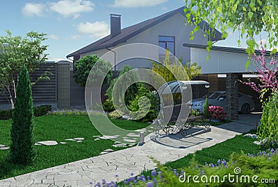 Outdoor Homestead Landscape, 3D Rendering Cartoon Illustration