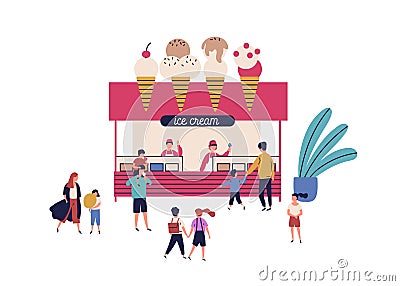 Outdoor kiosk with ice cream vector flat illustration. Happy man, woman, children and parent walking near stall with Vector Illustration