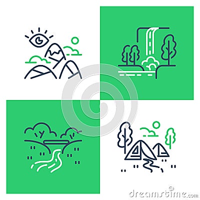 Outdoor landmarks, nature sites, hiking or trekking, ecological path, mountains viewpoint, visit waterfall, camping tents Vector Illustration