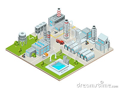 Outdoor landscape with factory buildings. Isometric pictures Vector Illustration