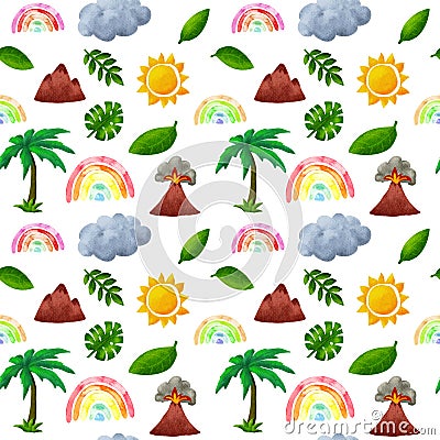 Outdoor landscape seamless pattern in simple naive childish style. Palm tree, rainbow, mountain, volcano. Watercolor Stock Photo