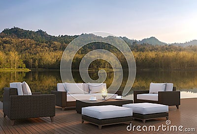 Outdoor living area and beautiful nature 3d rendering image, Stock Photo