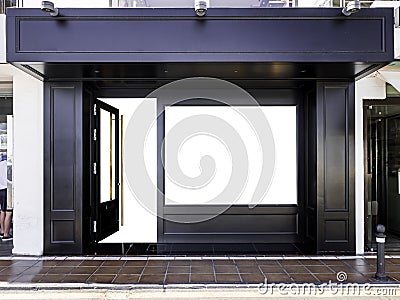 Outdoor mockup,store template,front view black of generic store facade with windows display Stock Photo