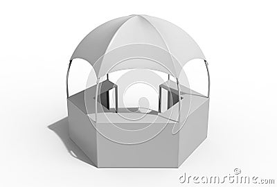 Outdoor Multi functional Trade Show Display Dome Kiosk Hexagonal Pavilion Canopy Tent With Promotional Counters, 3d render illustr Stock Photo