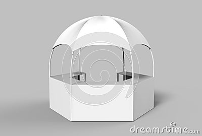 Outdoor Multi functional Trade Show Display Dome Kiosk Hexagonal Pavilion Canopy Tent With Promotional Counters, 3d render illustr Stock Photo