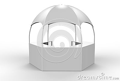 Outdoor Multi functional Trade Show Display Dome Kiosk Hexagonal Pavilion Canopy Tent With Promotional Counters, 3d render illustr Stock Photo
