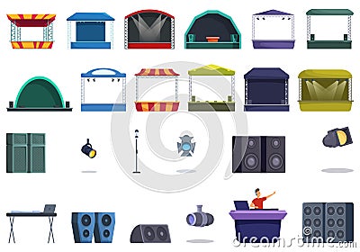 Outdoor music festival stage icons set cartoon vector. Park concert Vector Illustration