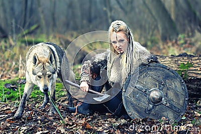 Outdoor northern warrior woman with braided hair and war makeup holding shield and ax with wolf next to her ready to attack - Stock Photo