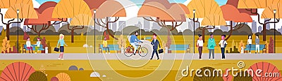 Outdoor Park Activities, People Relaxing In Nature Walking Riding Bicycle And Communicating Horizontal Banner Vector Illustration