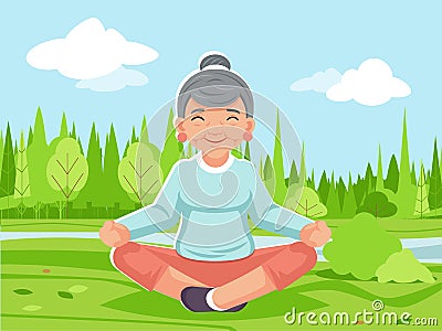 Outdoor park nature fitness meditation adult old woman grandmother yoga health cartoon character design vector Vector Illustration