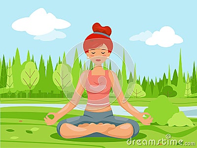 Outdoor park nature meditation cute female girl yoga health cartoon character design vector illustration Vector Illustration