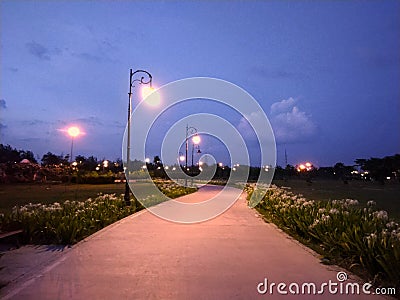 Outdoor Park with street light and path way. Stock Photo