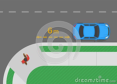 Outdoor parking rules and tips. Do not park within 6 meters from the end of a curb return. Top view of correct parked car. Vector Illustration