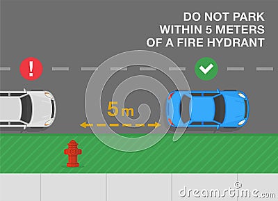 Outdoor parking rules and tips. Do not park within 5 meters of a fire hydrant. Top view of correct and incorrect parked cars Vector Illustration
