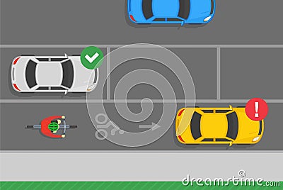 No parking in bicycle lanes traffic or road rule. Top view of correct and incorrect parked cars. Vector Illustration