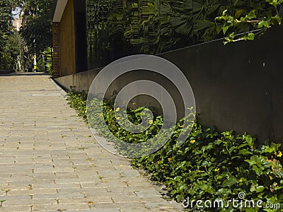 Outdoor path that goes up reaching a goal walking to the edge of a building Stock Photo