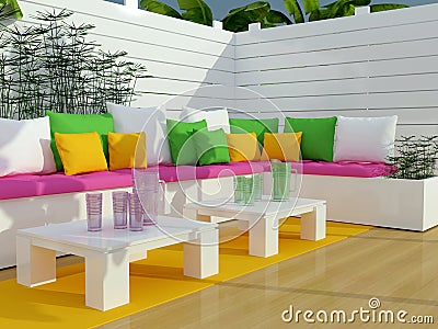 Outdoor patio seating area. Stock Photo