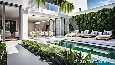 Outdoor patio and small pool in a modern residential building in the evening with lighting and ocean view, Cartoon Illustration