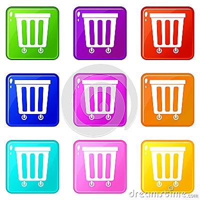 Outdoor plastic trash can icons 9 set Vector Illustration