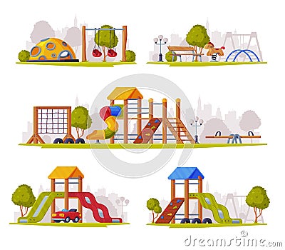 Outdoor Playground as Urban Summer Public Area for Playing Vector Set Vector Illustration